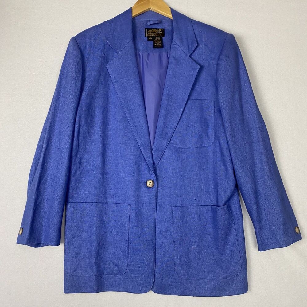 VTG Eddie Bauer Womens Single Button Oversized Blazer Jacket Blue Linen Size S